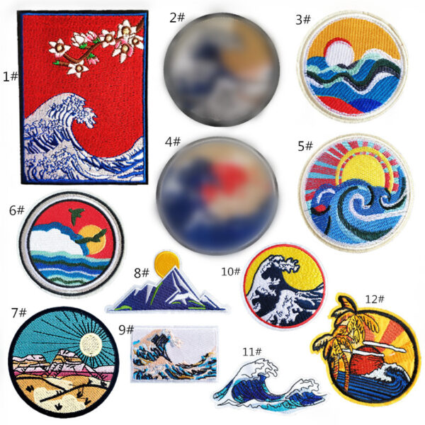 Spot order patches sticker, wave sunset embroidery cloth sticker, high-quality mountain and river map, round badge, adhesive-backed cloth sticker, spot.Embroidered Iron on Patches for Clothes, Dress, Hat, Jeans, DIY Accessories Patches for Caps Backpacks Vest Harness -JY