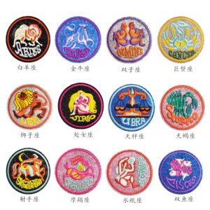 Computer Embroidery Cloth Sticker Cartoon Round 12 Constellation Embroidery Cloth Sticker Chapter Zai Creative Glitter patches Sticker Hot Melt AdhesiveEmbroidered Iron on Patches for Clothes, Dress, Hat, Jeans, DIY Accessories Patches for Caps Backpacks Vest Harness -JY
