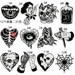 black and white embroidery horror cloth sticker spot wholesale clothing accessories computer embroidery decoration punk patches patchesEmbroidered Iron on Patches for Clothes, Dress, Hat, Jeans, DIY Accessories Patches for Caps Backpacks Vest Harness -JY