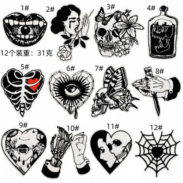 black and white embroidery horror cloth sticker spot wholesale clothing accessories computer embroidery decoration punk patches patchesEmbroidered Iron on Patches for Clothes, Dress, Hat, Jeans, DIY Accessories Patches for Caps Backpacks Vest Harness -JY