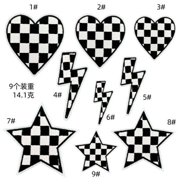 Black and white plaid embroidery cloth sticker decorative love star lightning embroidery patches clothing accessories iron on patches modelEmbroidered Iron on Patches for Clothes, Dress, Hat, Jeans, DIY Accessories Patches for Caps Backpacks Vest Harness -JY