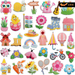 Spring flowers bloom embroidery iron on patches spring element patches chicken embroidery labels raincoats rain boots,s