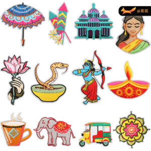 Indian Festival Embroidery Cloth Sticker Patches Sticker Candle Lotus Embroidery Label Rickshaw Elephant