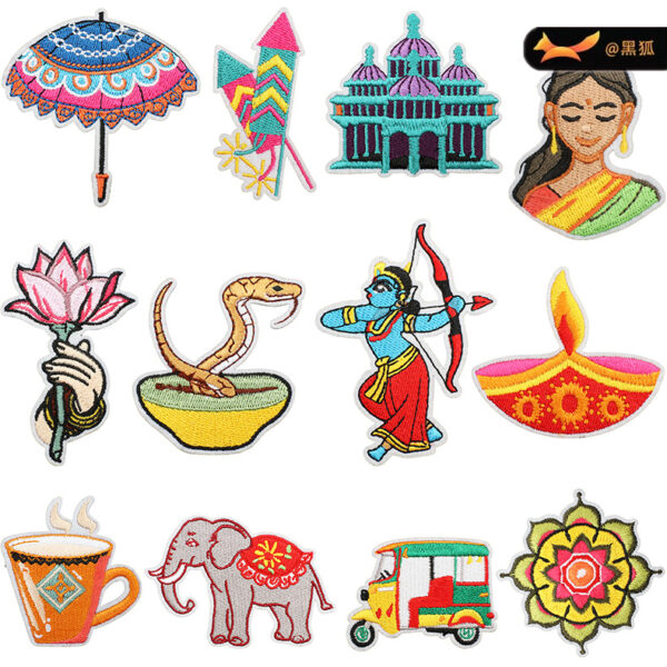 Indian Festival Embroidery Cloth Sticker Patches Sticker Candle Lotus Embroidery Label Rickshaw Elephant