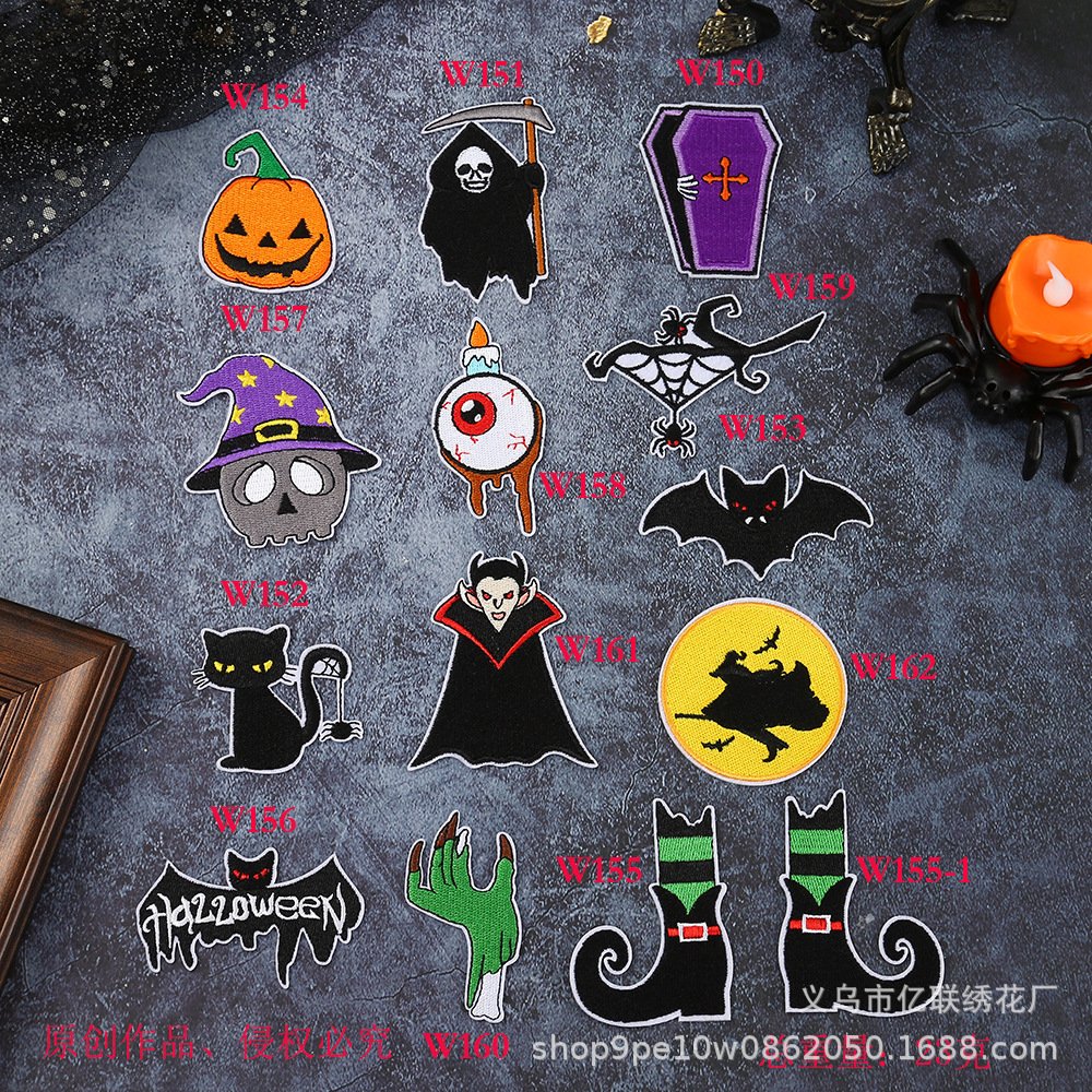 Halloween cloth sticker pumpkin bat embroidery hot melt adhesive clothing accessories cat jewelry