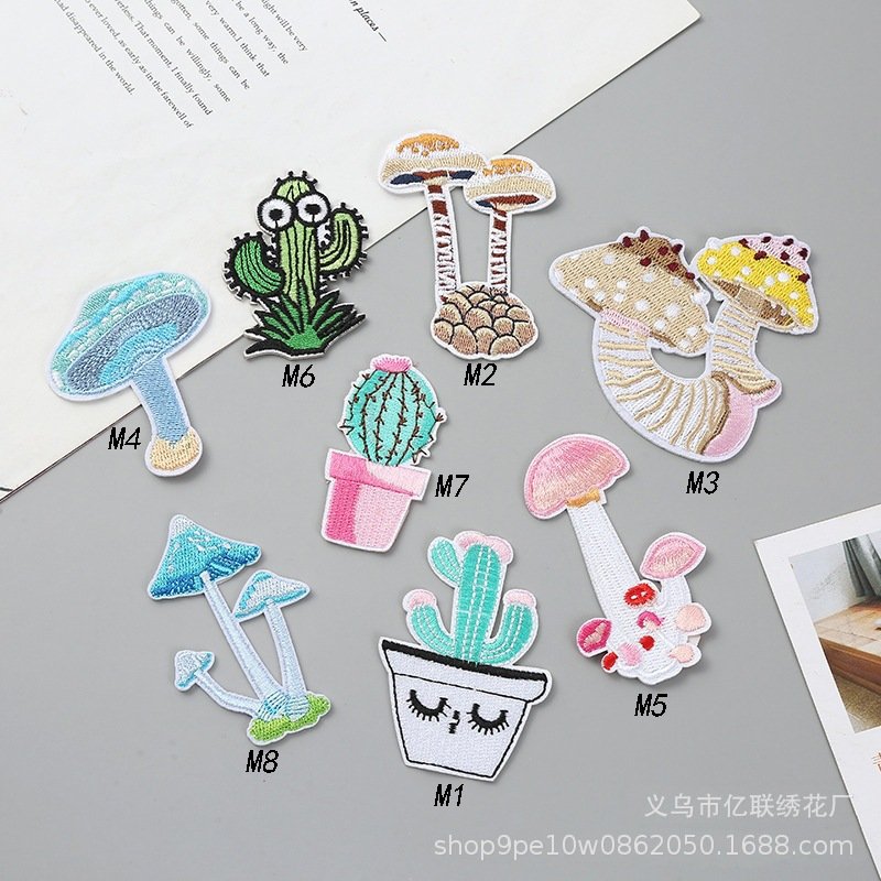 cartoon embroidery cloth sticker mushroom cactus DIY clothing shoes and hats decoration embroidery label self-adhesive accessories