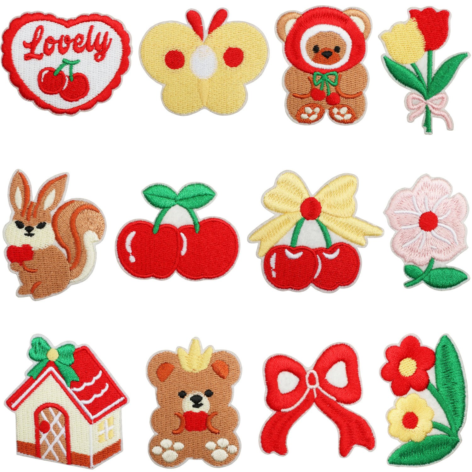 Bear Home Embroidery Cloth Sticker Cute Bear Neighbor Squirrel Patch Sticker Cherry Patches Decorative Seal Boy