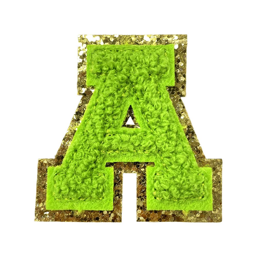Green Spot 5.5cm Towel Iron on Patches Letters A-Z Iron on Patches Cloth Sticker Gold Onion Powder Glitter Double Layer Iron on Patches Letters