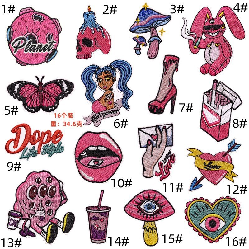 Cartoon pink embroidery cloth sticker bag decoration iron on patches fashion lip butterfly embroidery label computer chapter boyEmbroidered Iron on Patches for Clothes, Dress, Hat, Jeans, DIY Accessories Patches for Caps Backpacks Vest Harness -JY