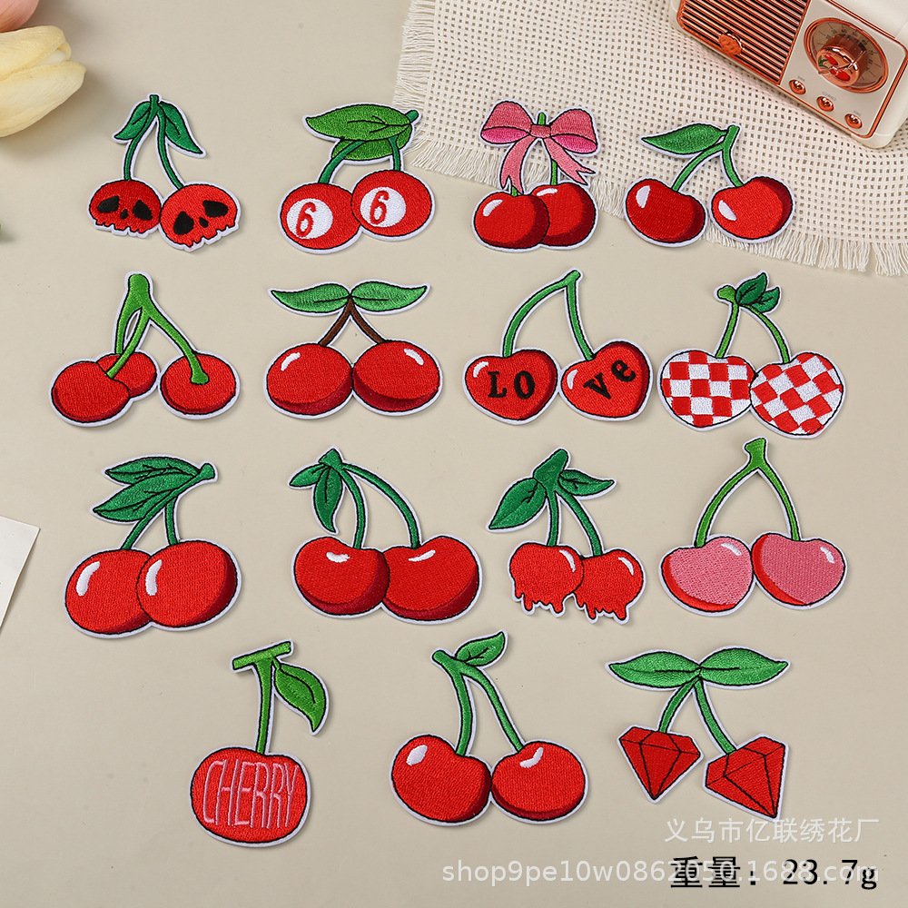 Embroidery cloth sticker, cherry embroidery sticker, hot melt adhesive cloth sticker, cherry patch sticker, handmade DIY clothing accessories